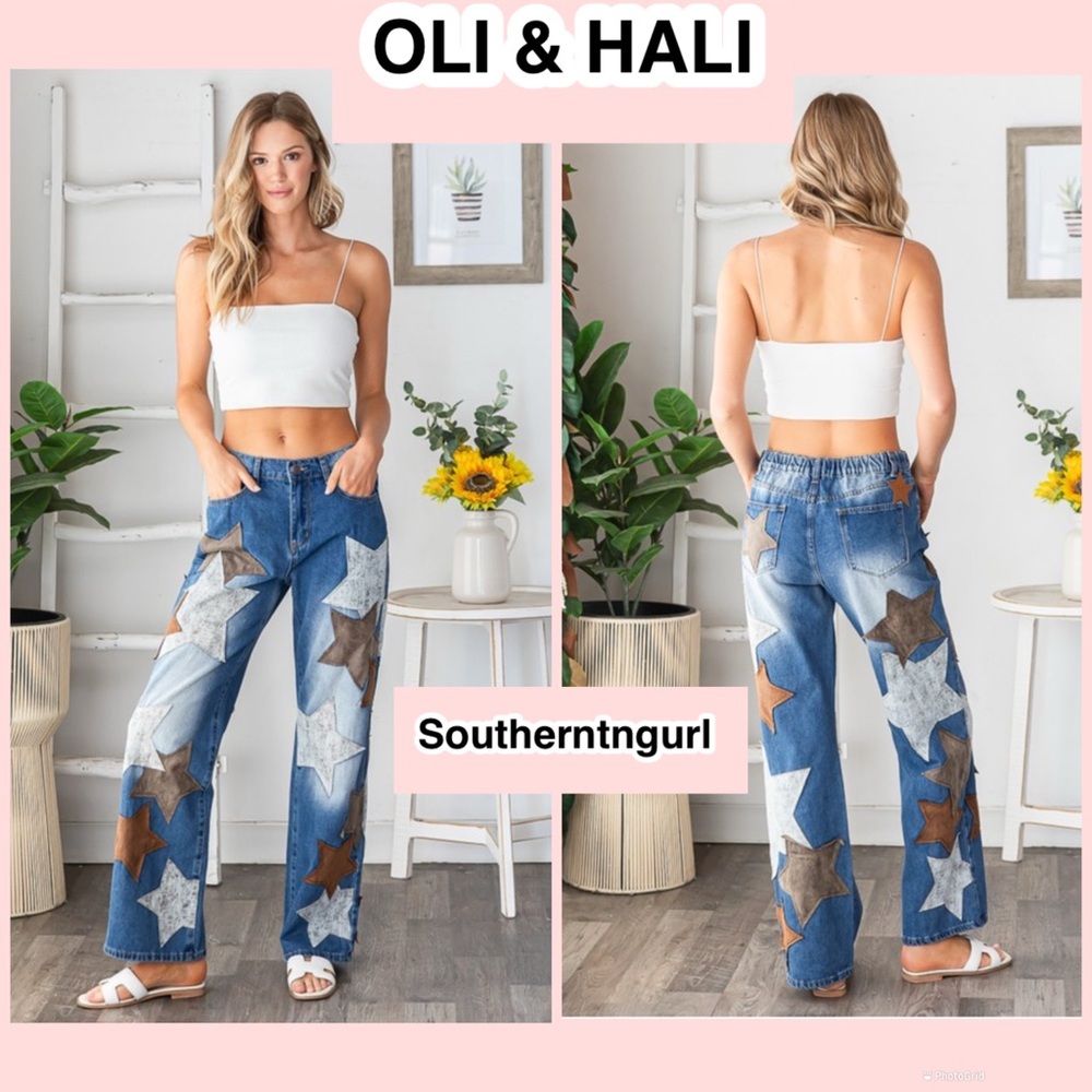 NWT OLI & HALI Leather Star Patch Mineral Washed Straight Leg Jeans